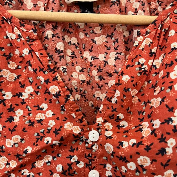 Micro Floral Baby Doll Short Sleeve Orange Shirt - Size Small - Picture 2 of 8